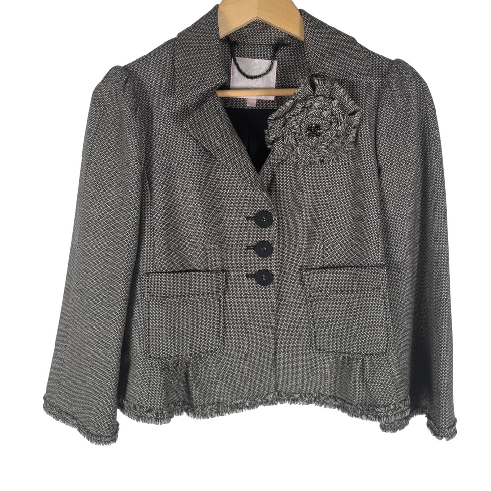 Rebecca Taylor Black White Textured Cropped Blazer Jacket with Floral Brooch 10